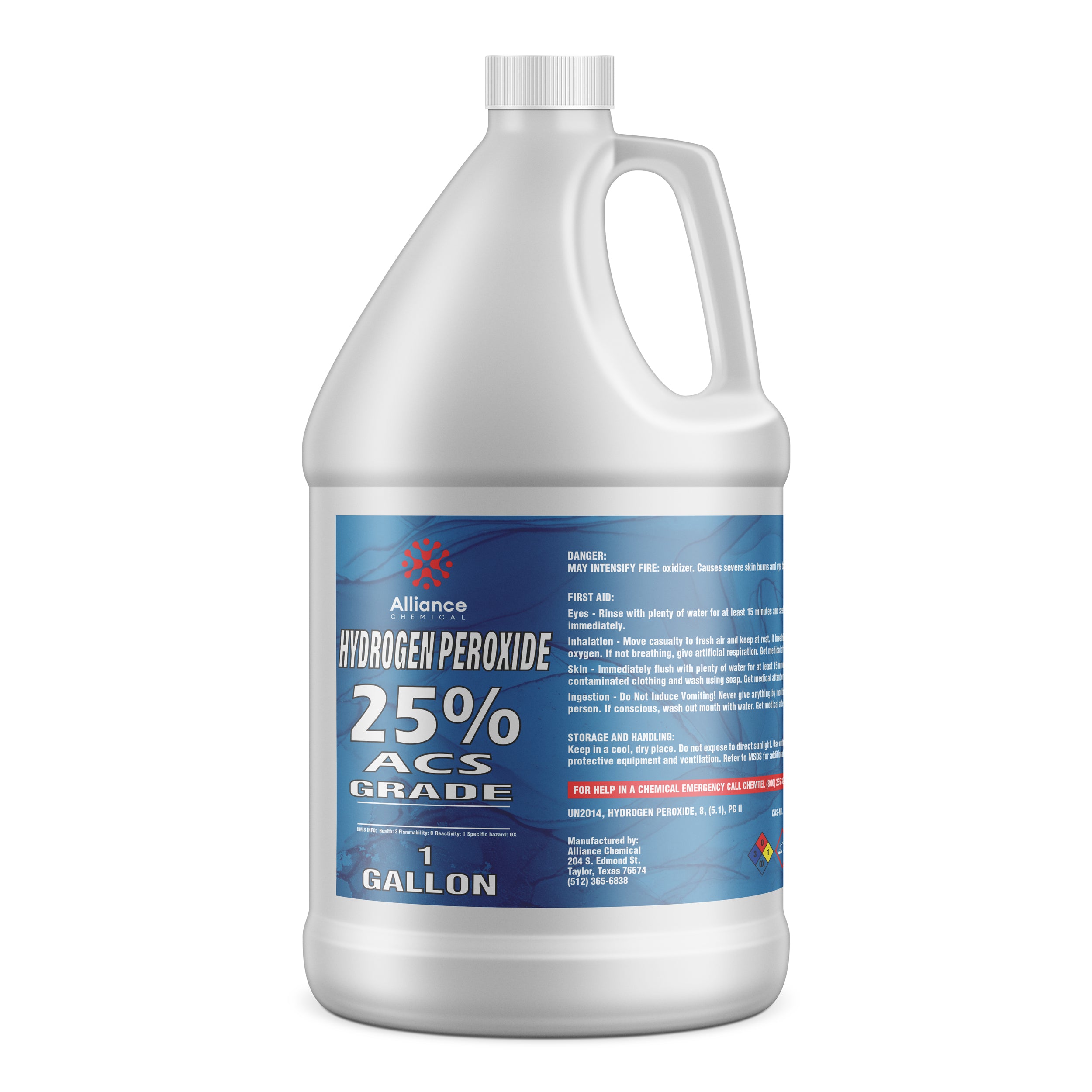 1-gallon white HDPE jug of Alliance Chemical 25% ACS-grade hydrogen peroxide with blue safety label, oxidizer symbol, and first-aid instructions.